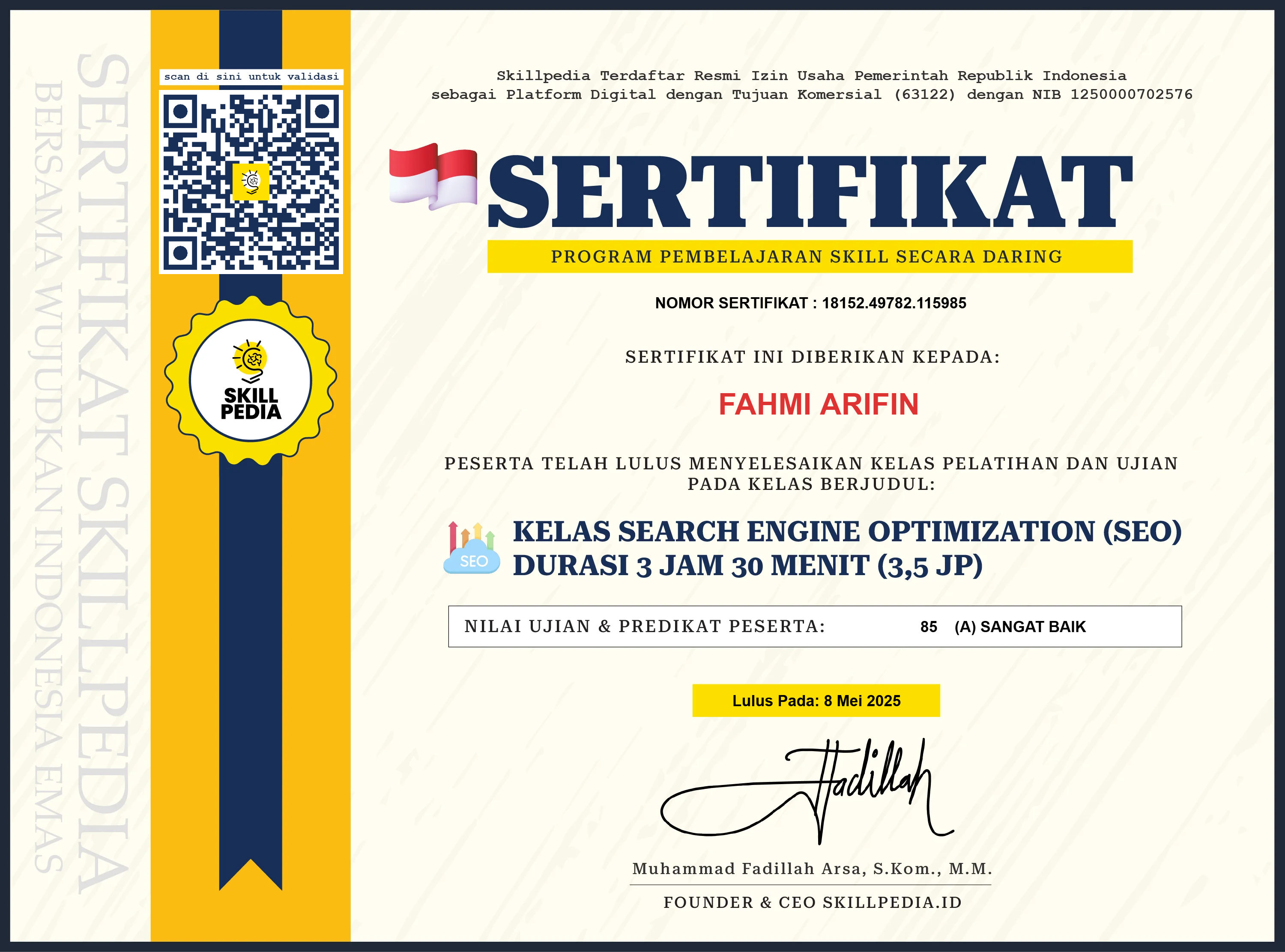 Lihat Sertifikat Sertifikat SEO  dalam ukuran penuh